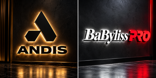 Andis and BaBylissPRO logos side by side in a premium barbershop setting