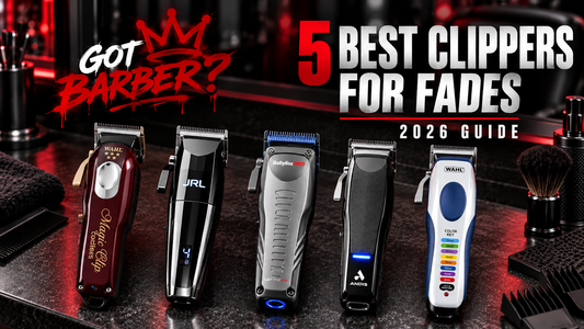 Five hair clippers for fades displayed on a matching black and red barbershop station