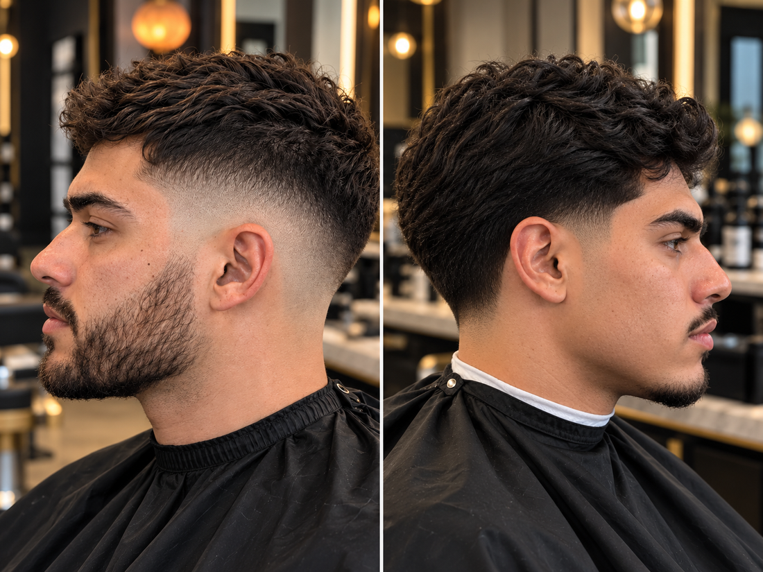 Fade haircut and tight taper haircut side by side in a modern barbershop