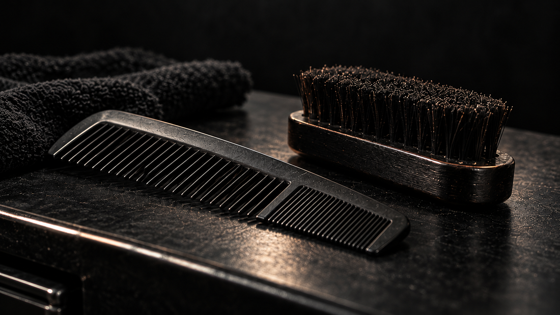 Black barber comb and stiff cleaning brush on a dark workstation