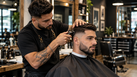 Man getting a fresh haircut in a modern barbershop