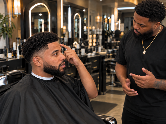Client discussing his hairline and shape up with a barber in a modern barbershop