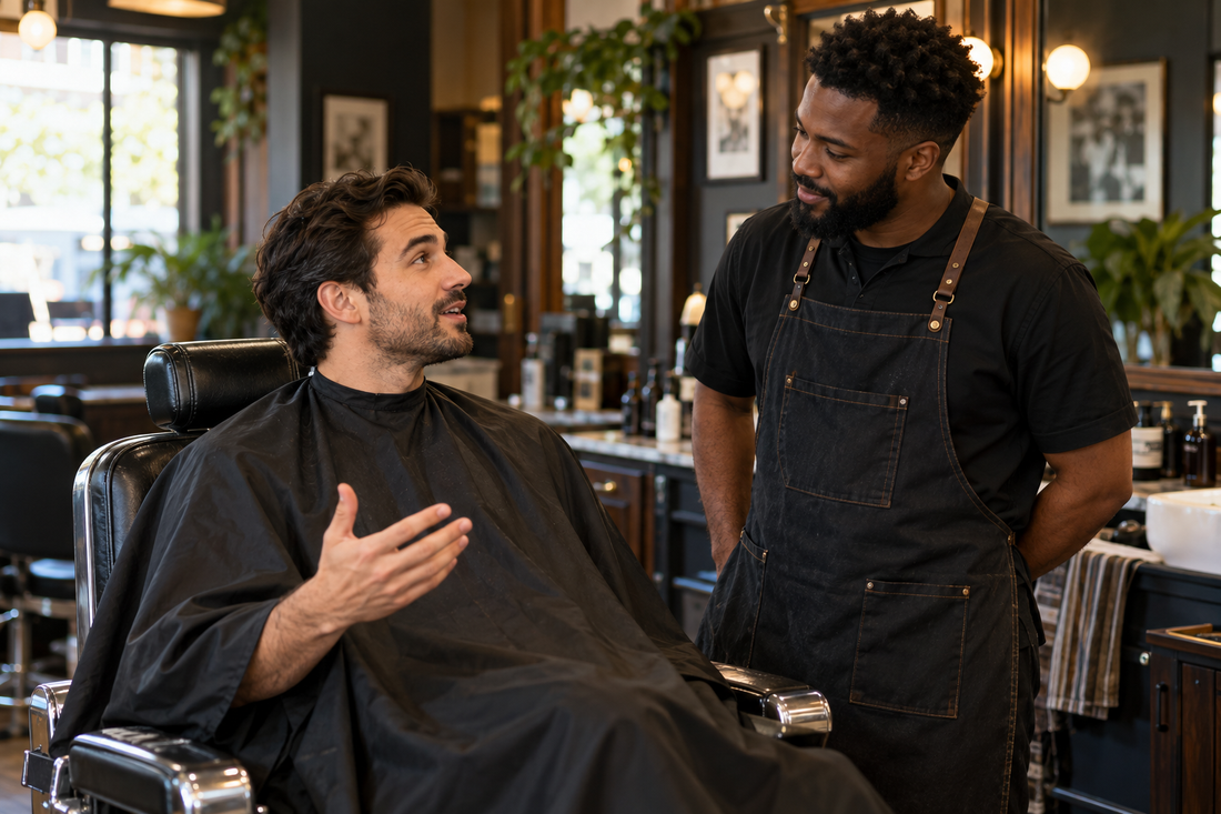 Illustration of a seated client discussing his haircut with a barber before the service.